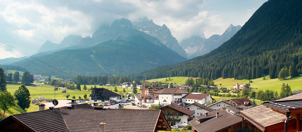 A city view of Sesto in Alta Pusteria, from above 